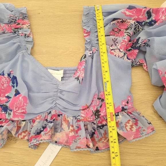 NWT HOUSE OF HARLOW 1960 Floral Blue Pink Cropped Long Sleeves Low Neck Top S - Picture 7 of 8